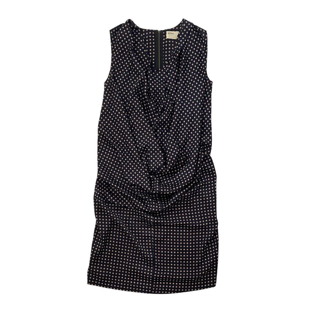 Rutzou Silk Tank Dress - Dark Navy Blue with Polka Dots - Draped Front - Size 36